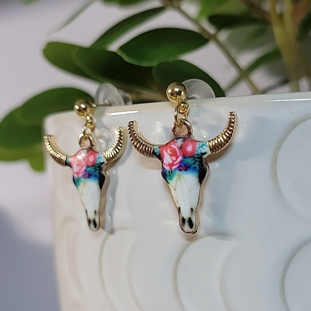 Floral Longhorn Drop Earrings - Picture 4 of 6